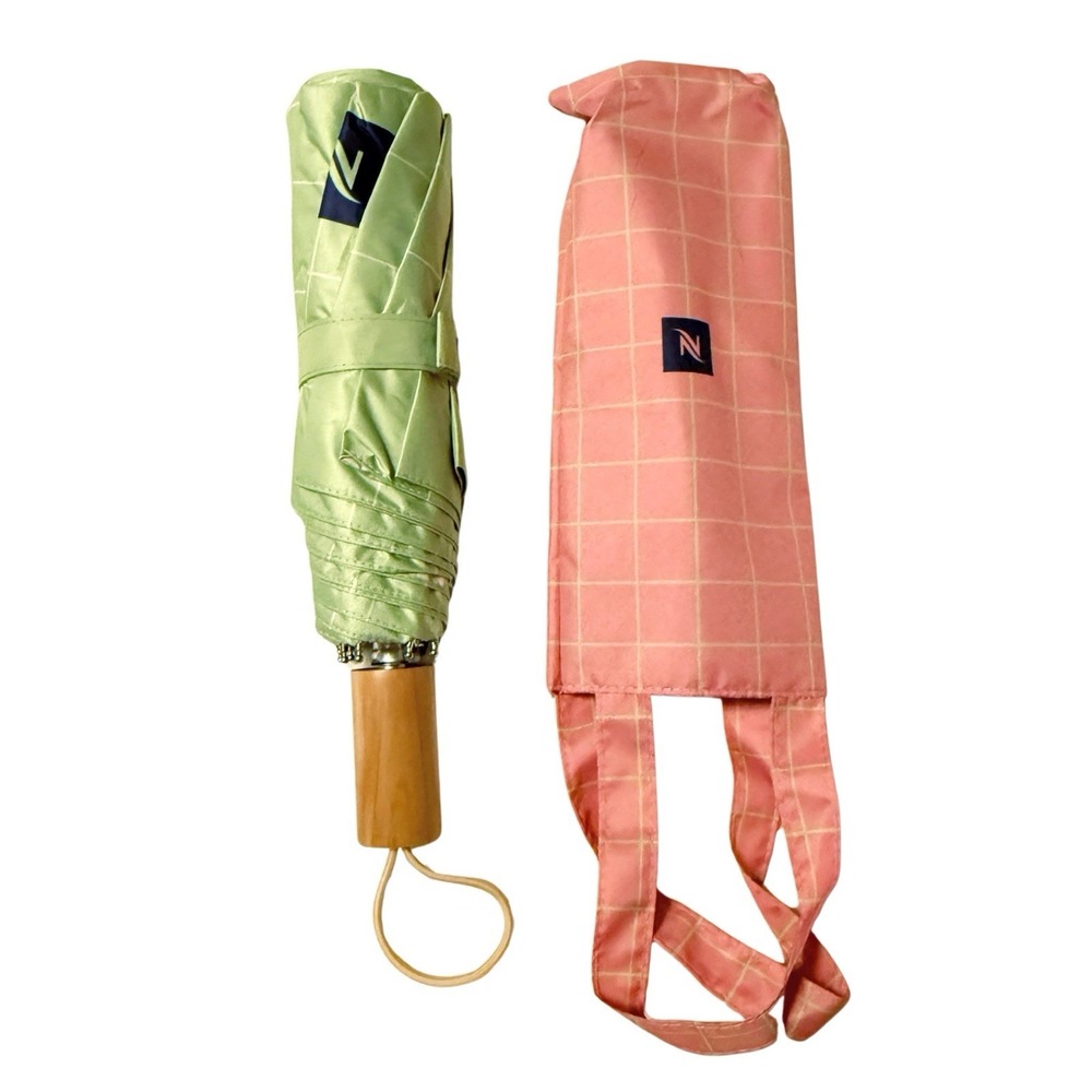 Nespresso Compact / Folding Umbrella - Pistachio Green Pink Summer Traveling HTF - Picture 1 of 4